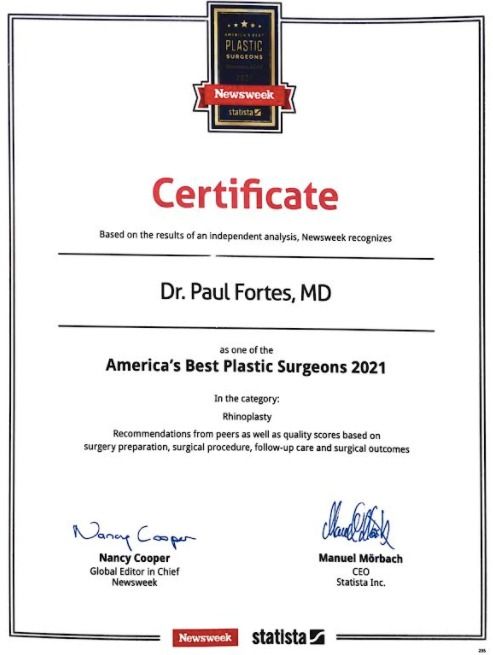 Certificate for Dr. Paul Fortes, MD, 2021 - Houston rhinoplasty specialist