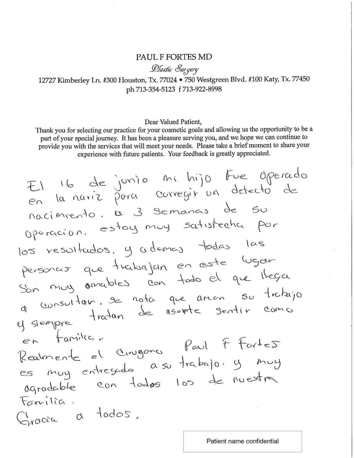 Patient testimonial for plastic surgery services.