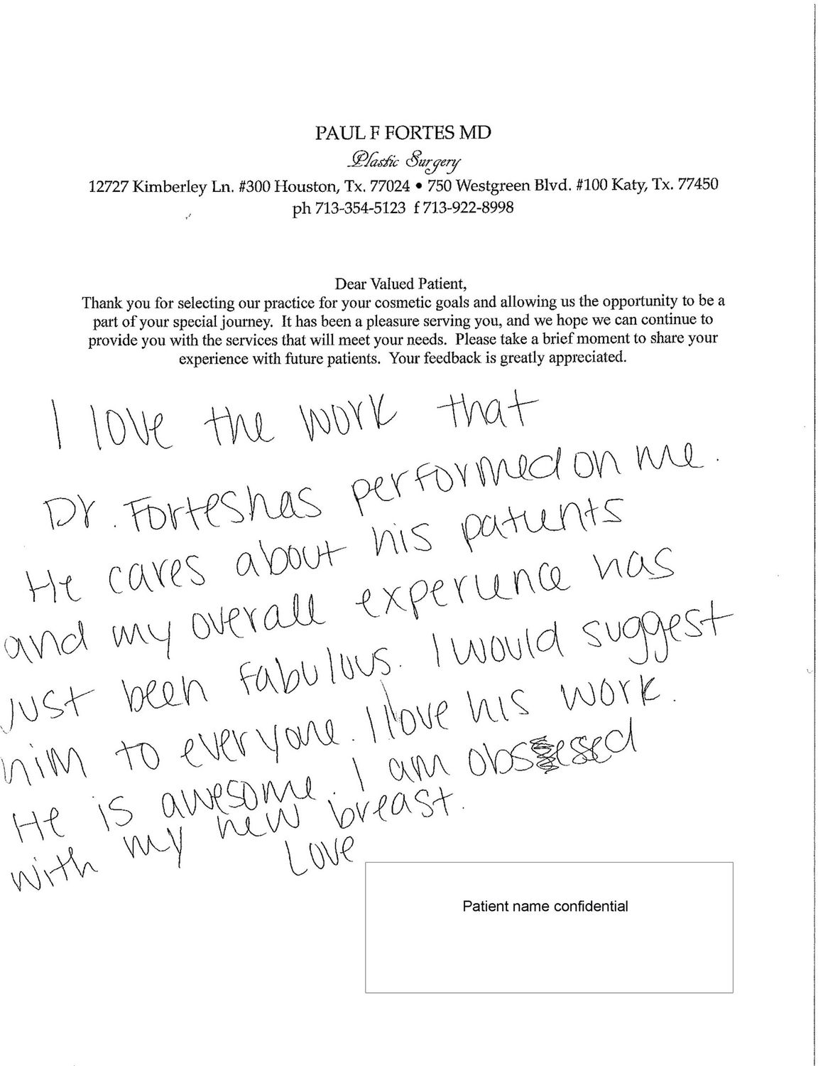 Patient testimonial for plastic surgery experience.