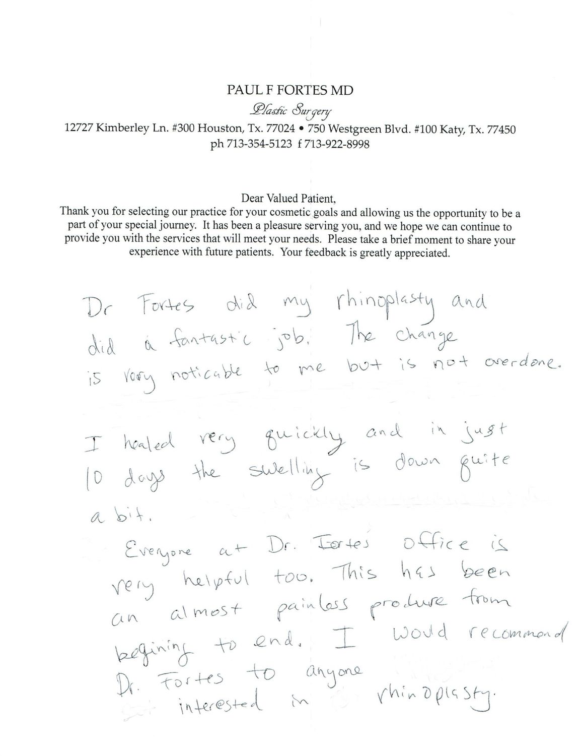 Patient feedback letter about rhinoplasty experience.