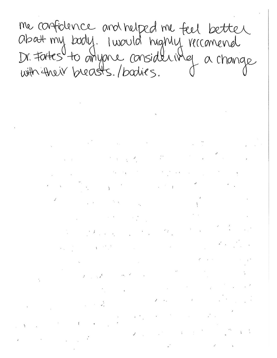 Handwritten note about body confidence and recommendations.