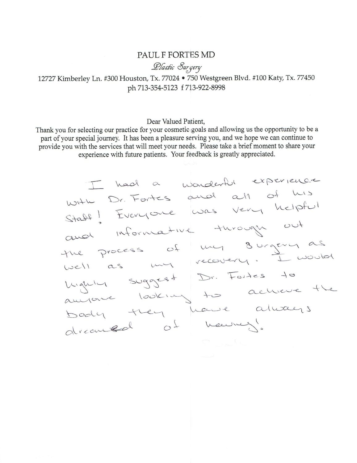 Patient testimonial for Dr. Paul F. Fortes.