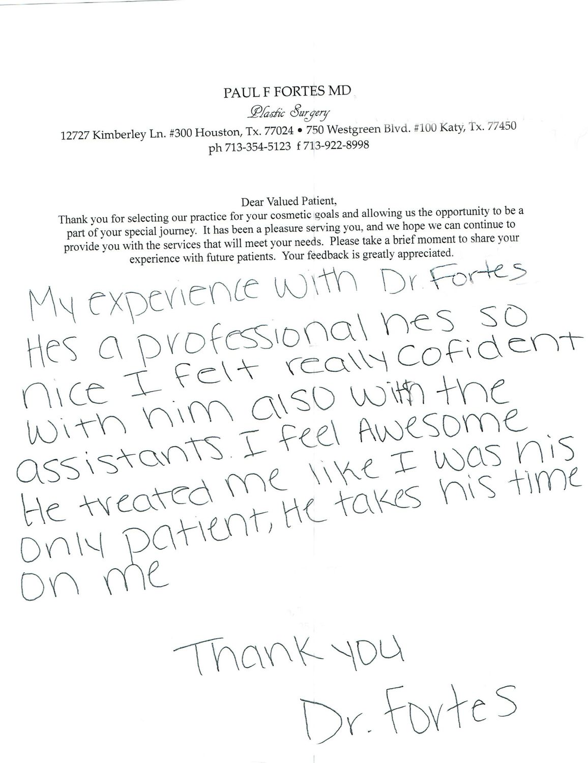 Patient testimonial for Dr. Fortes' plastic surgery.