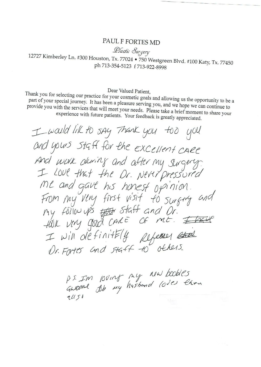 Patient feedback letter for plastic surgery services.