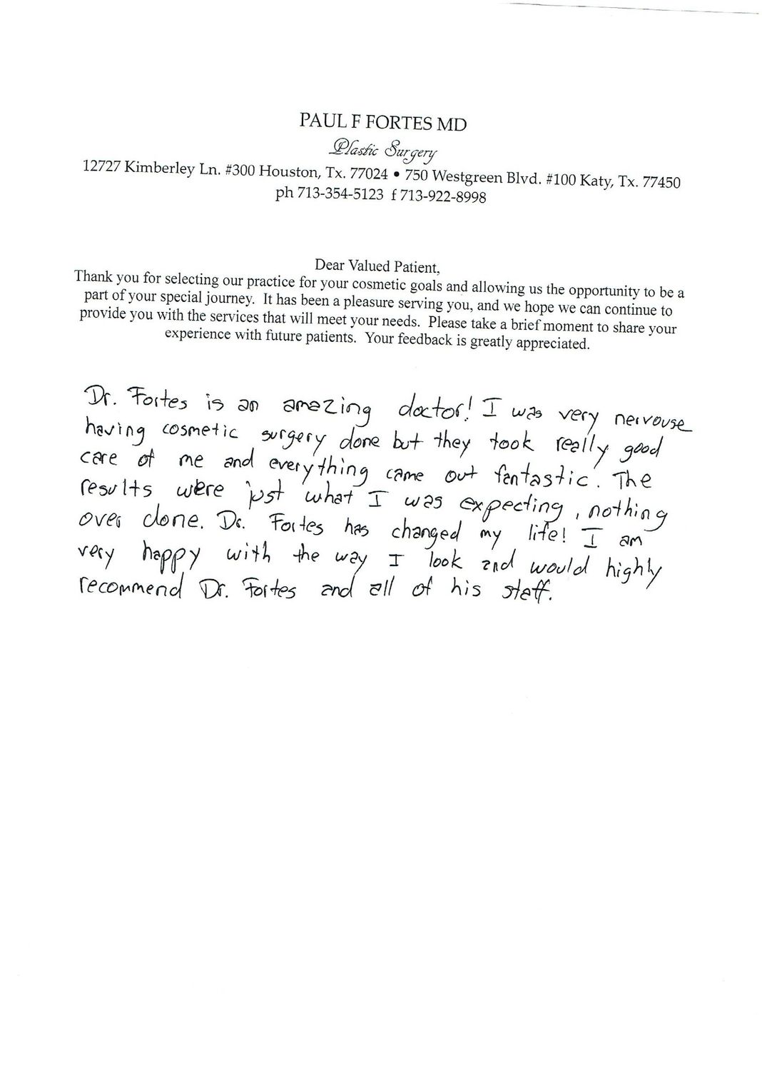 Patient testimonial for Dr. Paul F. Fortes.