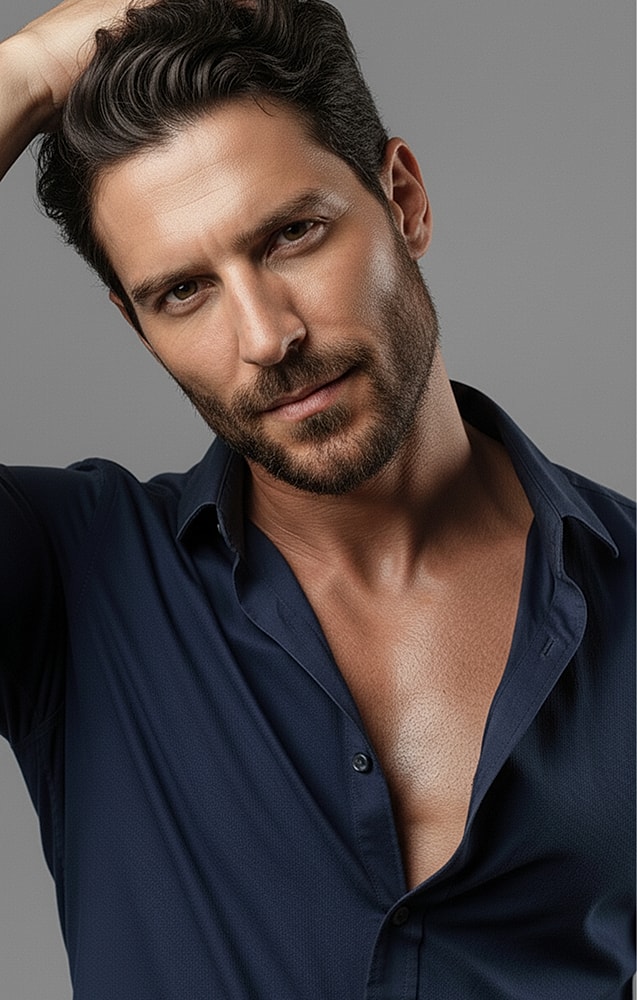 Man with stylish hairstyle posing confidently.