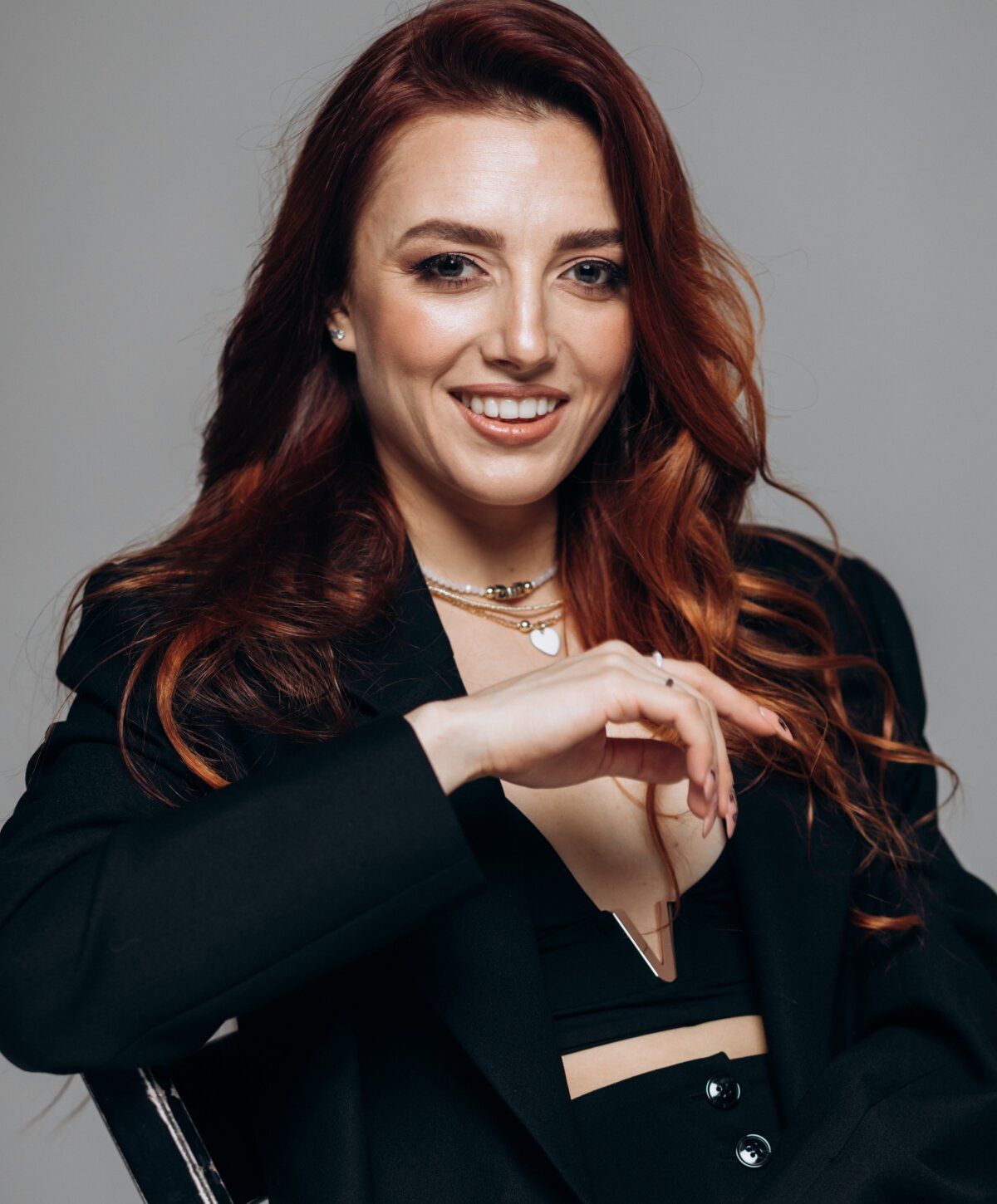 Chemical peels model in stylish black outfit, portrait.